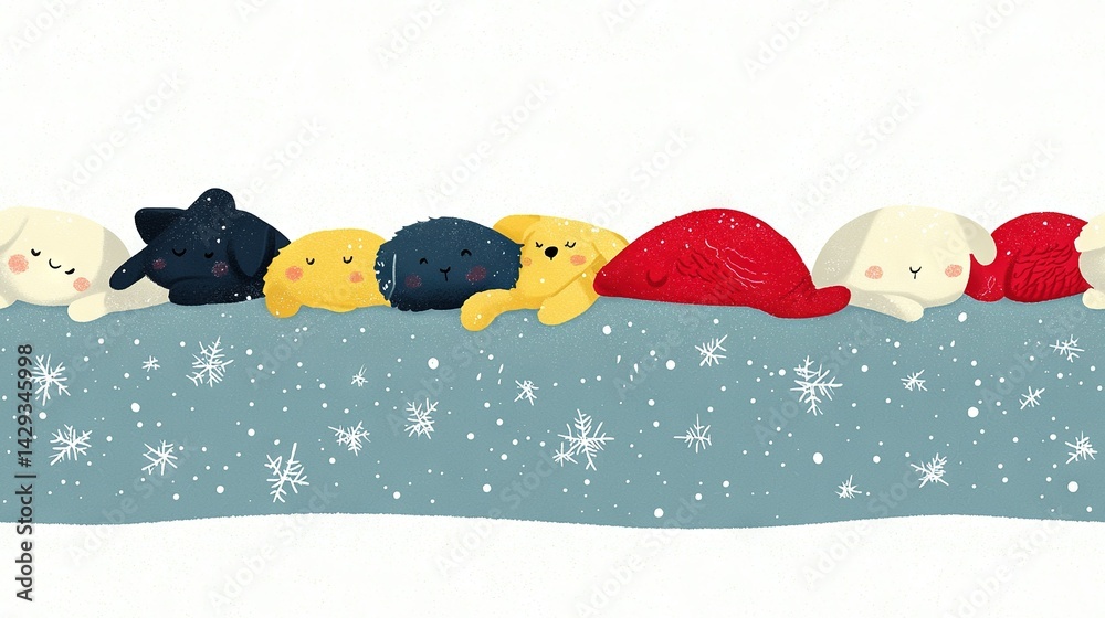 Group of stuffed animals on snow-covered ground with snowflakes