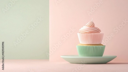 Obraz na płótnie A cupcake sits atop a pink plate beside a green cupcake perched on a white plate w salonie
