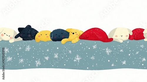 Obraz na płótnie Group of stuffed animals on snow-covered ground with snowflakes w salonie