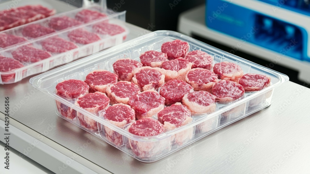 Precise Close-Up of Transparent Plastic Meat Trays Filled with Uniform Raw Meat Pieces, Set on Metallic Laboratory-Style Surface in Sterile Industrial Environment with Bright Diffused