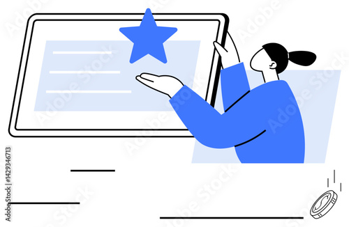 Individual pointing towards certificate highlighted by a star symbol, signifying success or recognition. Ideal for achievement, certification, learning, reward, online education, excellence
