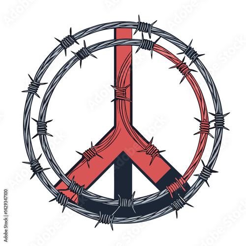 Render a grayscale image of a peace symbol distorted and entangled with barbed wire, suggesting a corrupted or broken peace.  Focus on texture and detail.