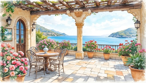 Mediterranean terrace with seaside view, adorned with lush flowers, creating a serene and inviting outdoor living space. Bright, colorful, relaxed.