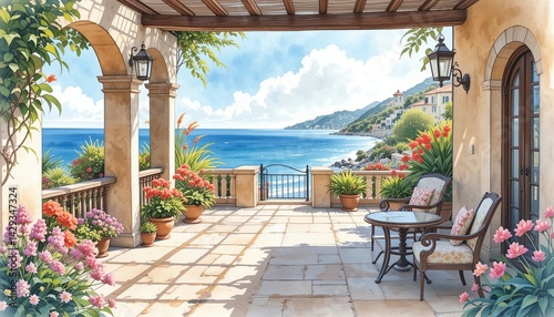 Watercolor view from a stone terrace with flowers, a table and chairs overlooks the sea and mountains on a sunny day. Serene seascape.