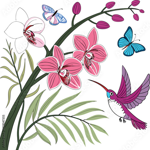 Orchid flowers hummingbird butterflies vibrant colors intricate details botanical digital art nature illustration