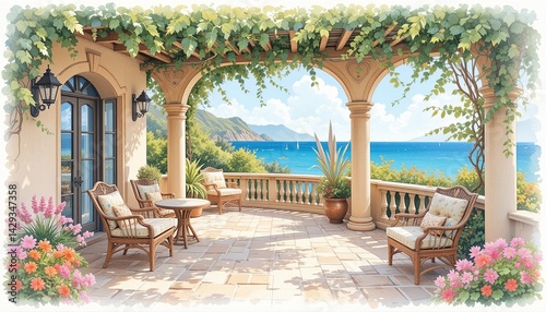 Picturesque terrace overlooking the ocean. Wicker chairs, lush vines, and flowers create a relaxing and inviting outdoor living space.