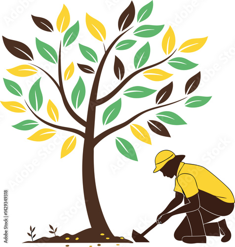 Fall tree illustration man gardening colorful leaves digital art highly detailed cinematic lighting 4k trending nature artwork autumn concept painting