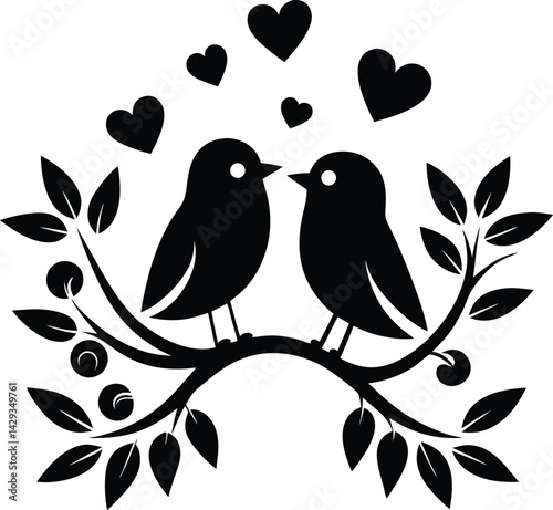 Cute Bird Couple on Branch with Hearts Elegant Minimalist Black and White Illustration Romantic Digital Art Line Drawing