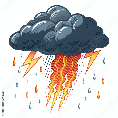 A dramatic, dark storm cloud erupting with fiery lightning bolts and raining incandescent embers; apocalyptic, fiery rain.
