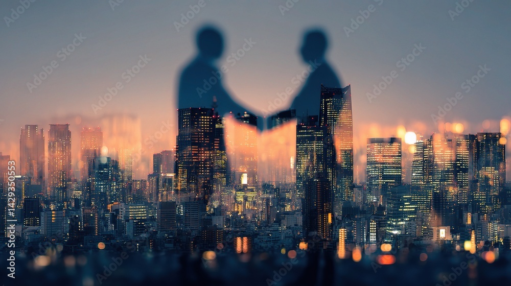 Obraz premium Businessmen Shaking Hands Against Glowing Cityscape Background