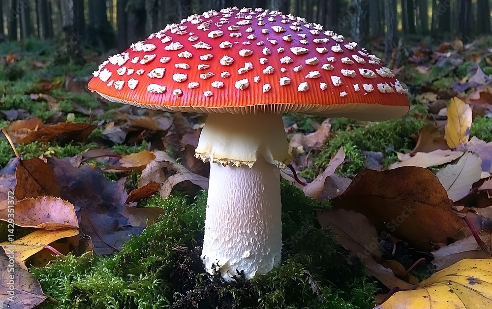 Fototapeta premium Stunning Red Mushroom in Autumn Forest, Detailed Macro Shot