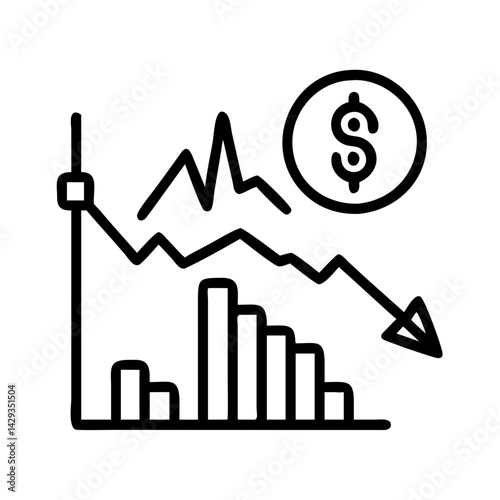 Understanding financial loss concept with downward graph and dollar coin for business analysis