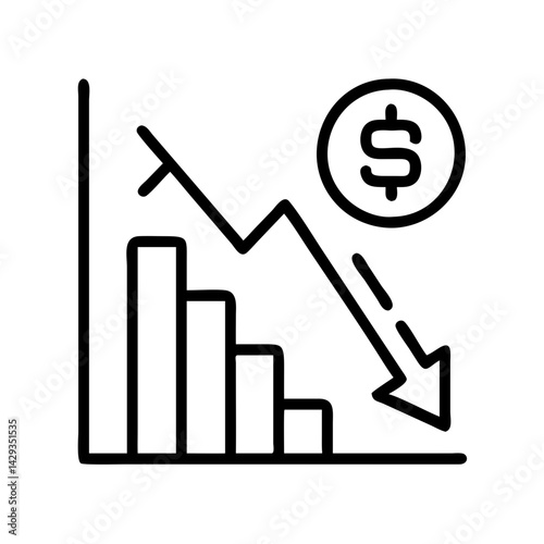 Financial loss chart showing decrease in value and negative growth with dollar symbol icon