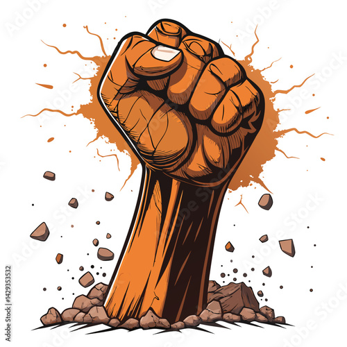 A powerful, cracked-earth elemental fist punches upward, breaking through parched ground;  brow furrowed in exertion.  Dramatic lighting.
