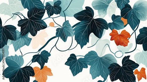   Close-up of leaves on white background, with orange and blue flower on left