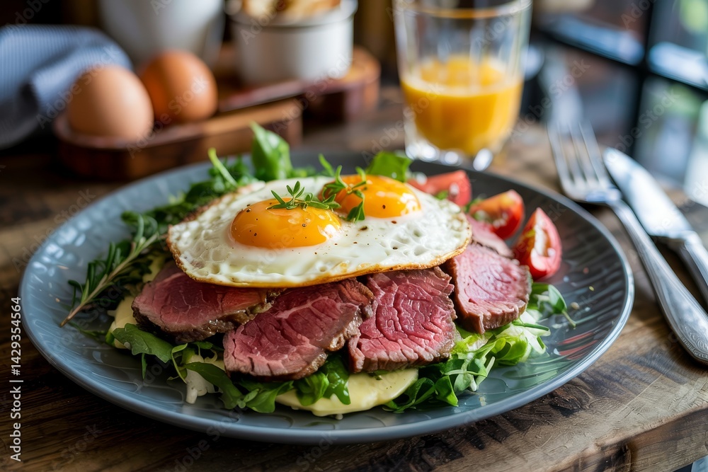 Satisfying breakfast with sunny side up eggs, roasted meat, and fresh vegetables on a rustic wooden table Satisfying breakfast with sunny side up eggs, roasted meat, and fresh vegetables on a rustic wooden table
