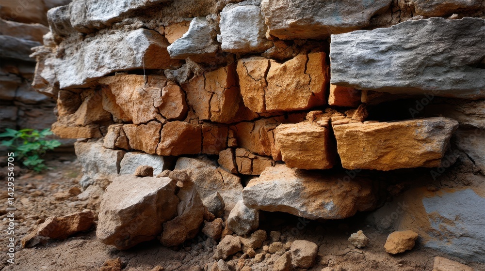 Fototapeta premium Close-up of Cracked and Broken Old Brick Wall with Soil and Small Green Plant in Background