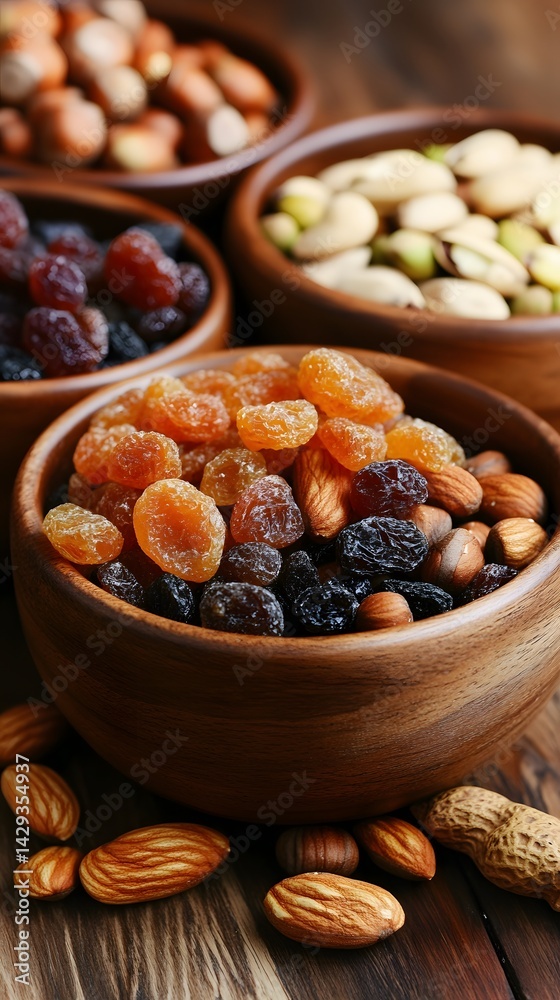 Delicious Mix of Dried Fruits and Nuts in Wooden Bowls Delicious Mix of Dried Fruits and Nuts in Wooden Bowls