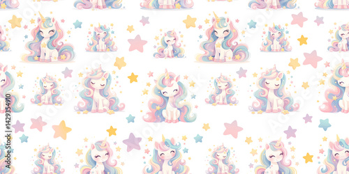 Pastel rainbow unicorn pattern for kid party decoration or nursery wallaper. Repeating motif of magic animal for birthday gift wrap.