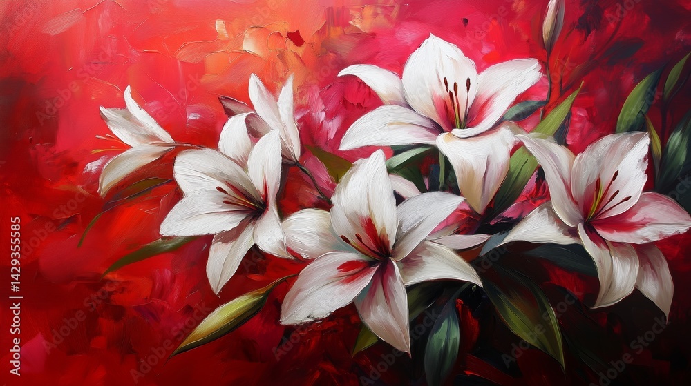 Fototapeta premium White lilies on red painted background