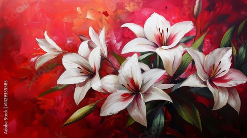White lilies on red painted background