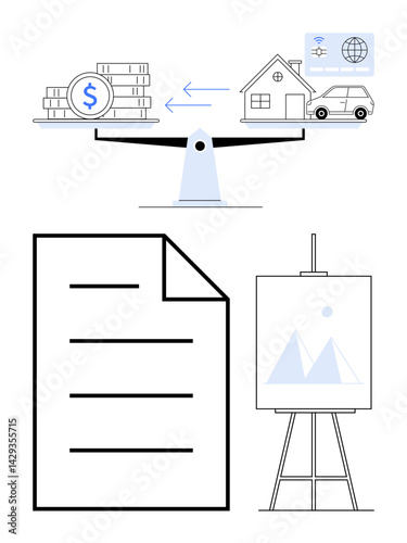 Scales balancing money stacks with house, car, connectivity icons for reports and presentation board. Ideal for finance, budgeting, investment, real estate, planning strategy balance. Flat simple