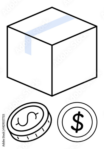 Simple cube-shaped package with tape on top, accompanied by coin icons. Ideal for e-commerce, delivery, business, shopping, logistics, shipping, marketing simple landing page