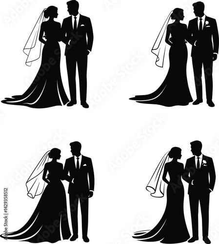 Elegant Bride and Groom Silhouette Vector Set – Wedding Couple Standing in Black on White