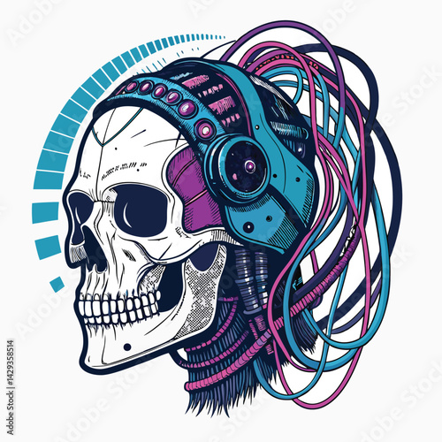 Generate a hyperrealistic image of a cybernetic skull, heavily wired, with data streams and glitches manifesting as visual distortions in a fragmented, fractured style.