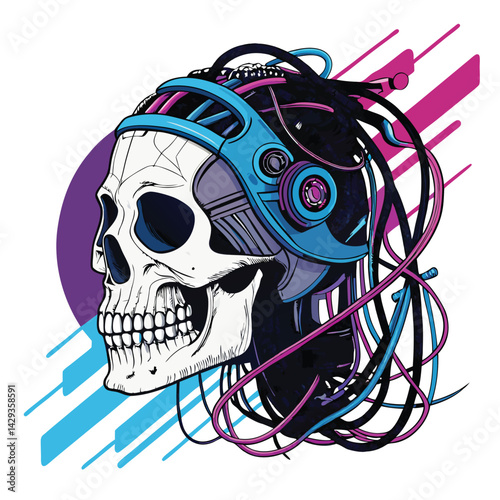 Generate a detailed image of a cybernetic skull, heavily wired with glowing cables, exhibiting a glitch art aesthetic with vibrant color distortions and pixelation.