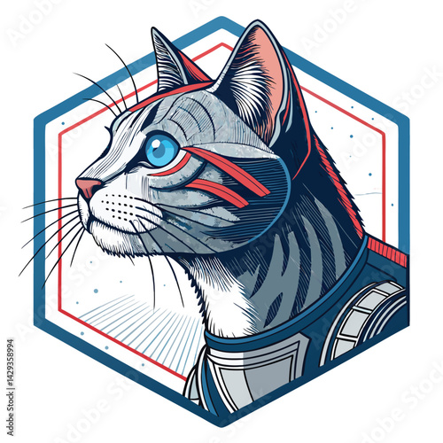 Generate a digital painting of a futuristic cyborg cat, glowing laser eyes, within an octagonal frame, showcasing intricate cyberpunk details.