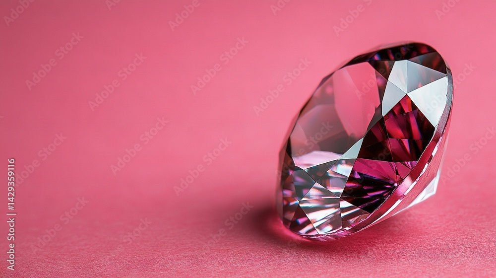 A close-up of a pink diamond on a pink background with a drop of water at its center A close-up of a pink diamond on a pink background with a drop of water at its center