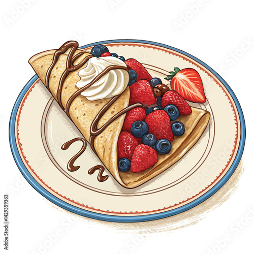A delicious crepe filled with fresh fruit and whipped cream, served in a charming French café setting.