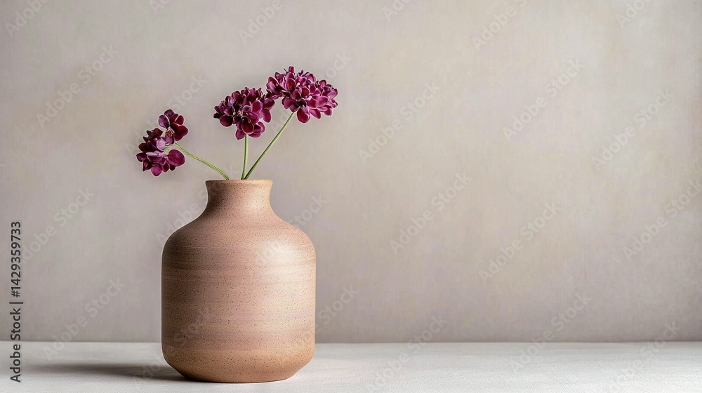 A vase holding flowers rests on a table beside a wall adorned with a photo