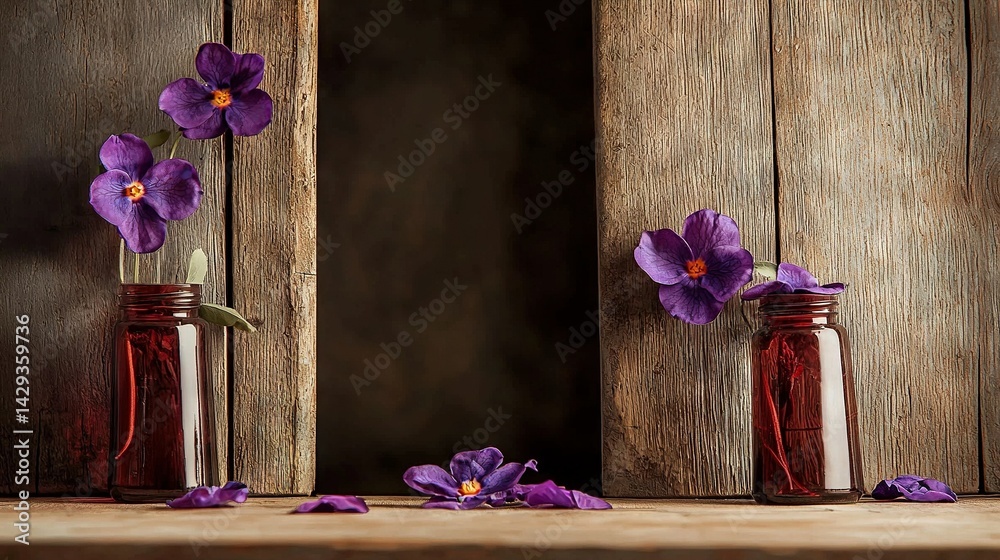 A pair of jars filled with purple flowers rests atop a wooden table near a window