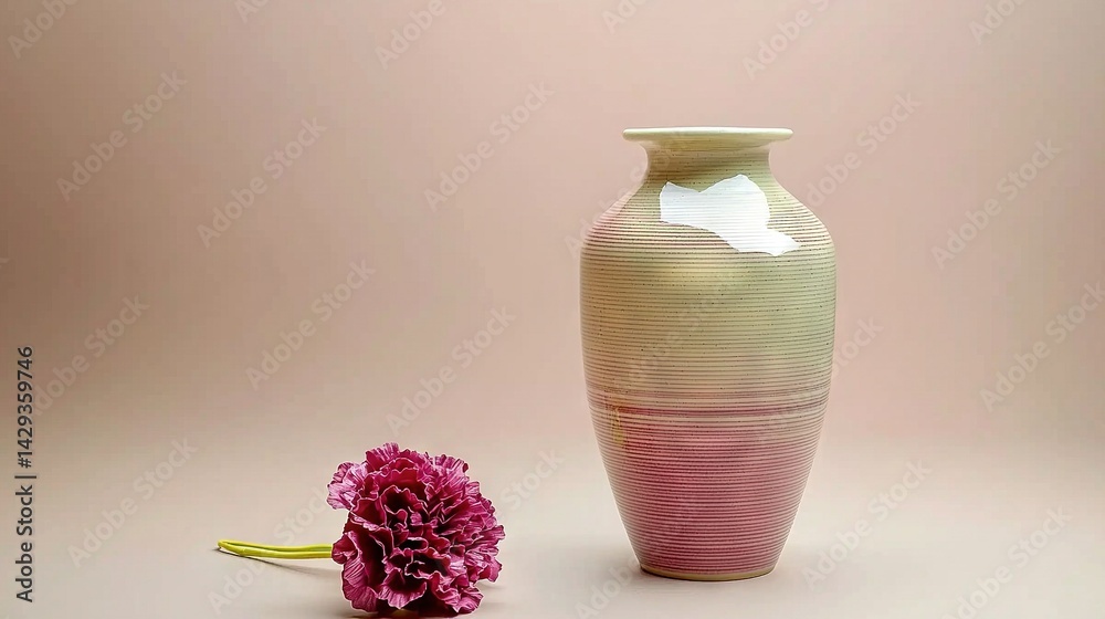 A pink and white vase, resting next to a pink flower on a light pink background with a single pink bloom in the foreground