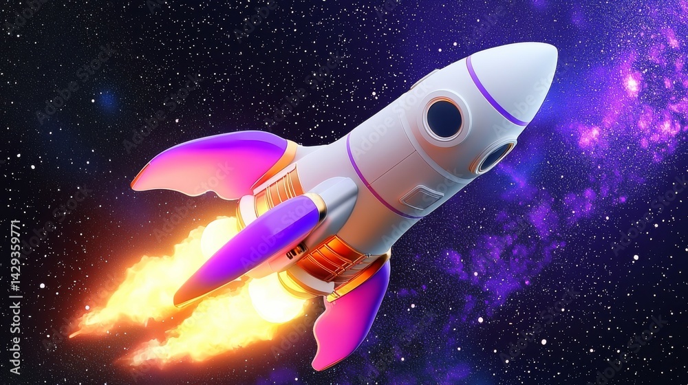Naklejka premium Stunning 3D Illustration of a Rocket Soaring Through the Vastness of Space