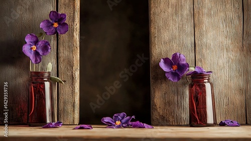 Obraz na płótnie A pair of jars filled with purple flowers rests atop a wooden table near a window w salonie