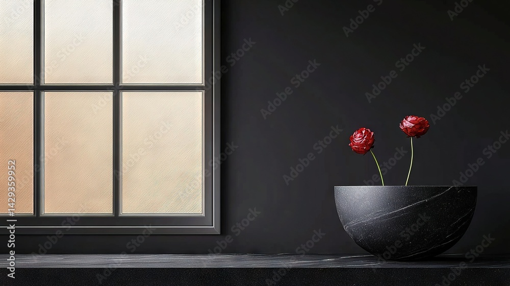 Two red flowers in a black vase on a window sill beside a glass pane