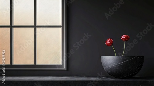 Obraz na płótnie Two red flowers in a black vase on a window sill beside a glass pane w salonie