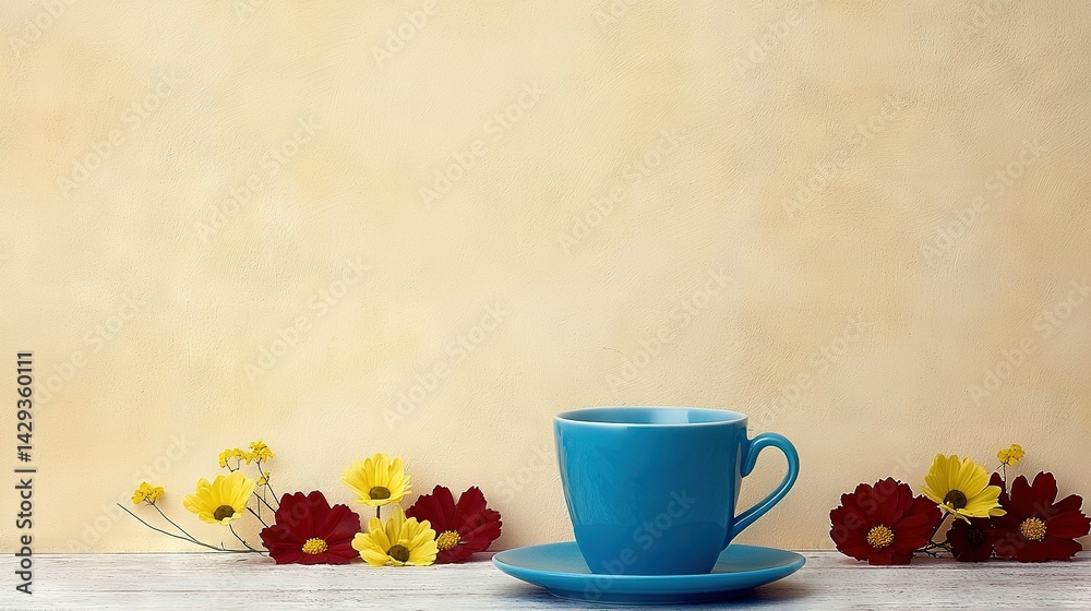 A cup of blue sitting on a saucer of blue, beside a plate with yellow and red flowers