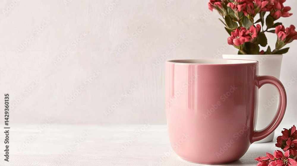 Pink coffee mug beside white vase with red flowers on one side, white vase with red flowers on the other