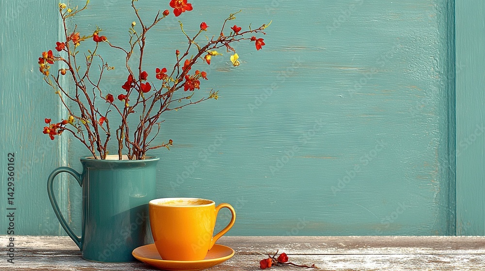 A cup of coffee on a table beside a vase with flowers and a saucecer on top of a saucer