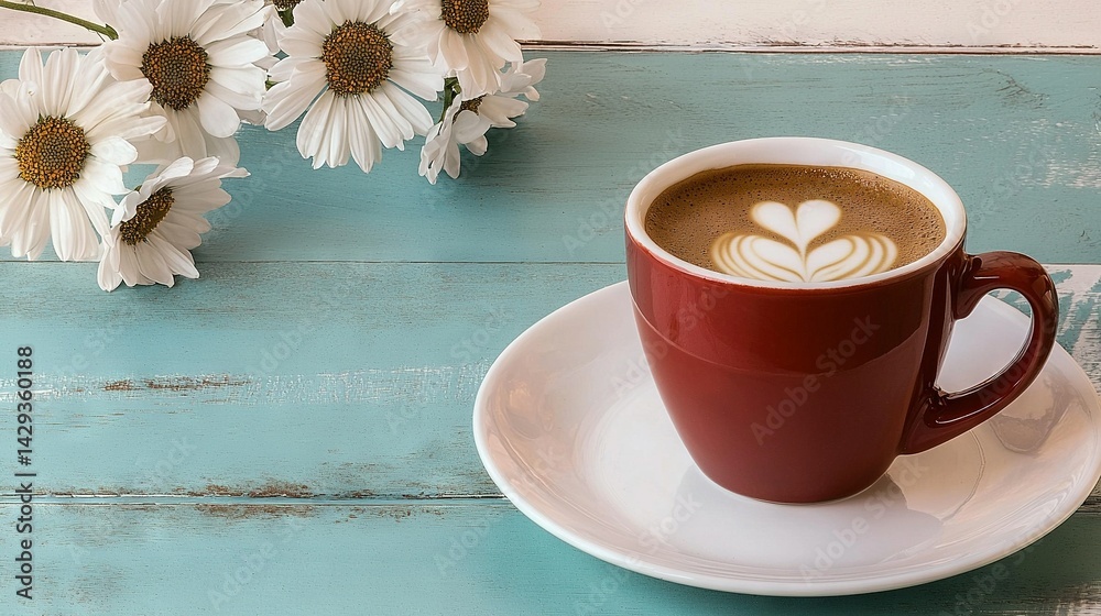 A cup of coffee sits atop a white saucer beside a vase of flowers on a blue wooden table