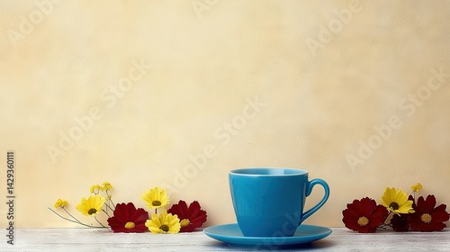 Obraz na płótnie A cup of blue sitting on a saucer of blue, beside a plate with yellow and red flowers w salonie