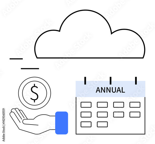 Cloud representing online service, hand holding money symbol for payment, annual calendar for subscription timeline. Ideal for finance, SaaS, cloud computing, online services, payment, subscription