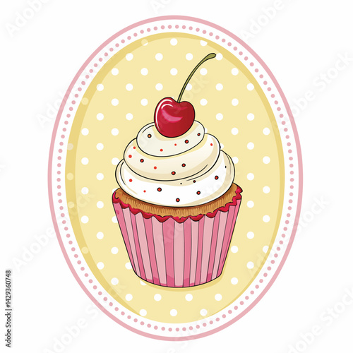 A delectable pastel-colored cupcake adorned with a bright red cherry, featuring a polka dot pattern, presented in a close-up shot.