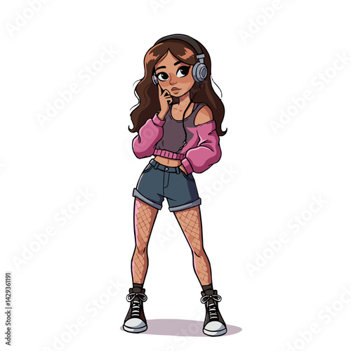 Young teenage girl thinking with headphones in casual clothes  on transparent background
