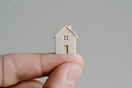 Miniature house model held on a fingertip, symbolizing home ownership, real estate, or the dream of owning a house. Minimalistic and conceptual.