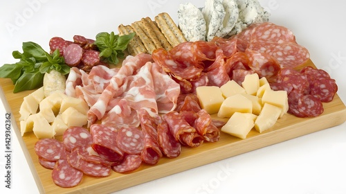 Delicious Italian Antipasto Platter with Salami, Prosciutto, Cheese and Crackers photo